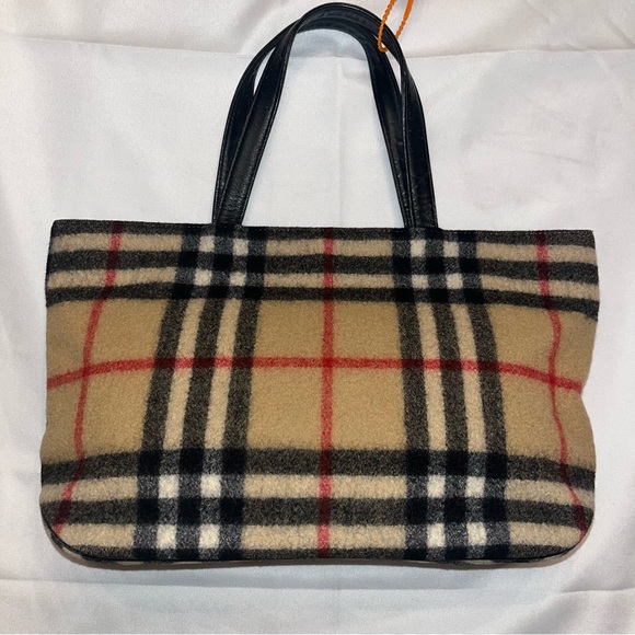 Burberrys Blue Label Wool Nova Check Tote VINTAGE Burberry Leather Trim - Picture 3 of 16